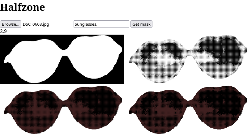 Image of a plain website titled 'Halfzone' with file upload and prompt form items, showing a mask, plain halftone, and two duographs generated from the given image and mask.