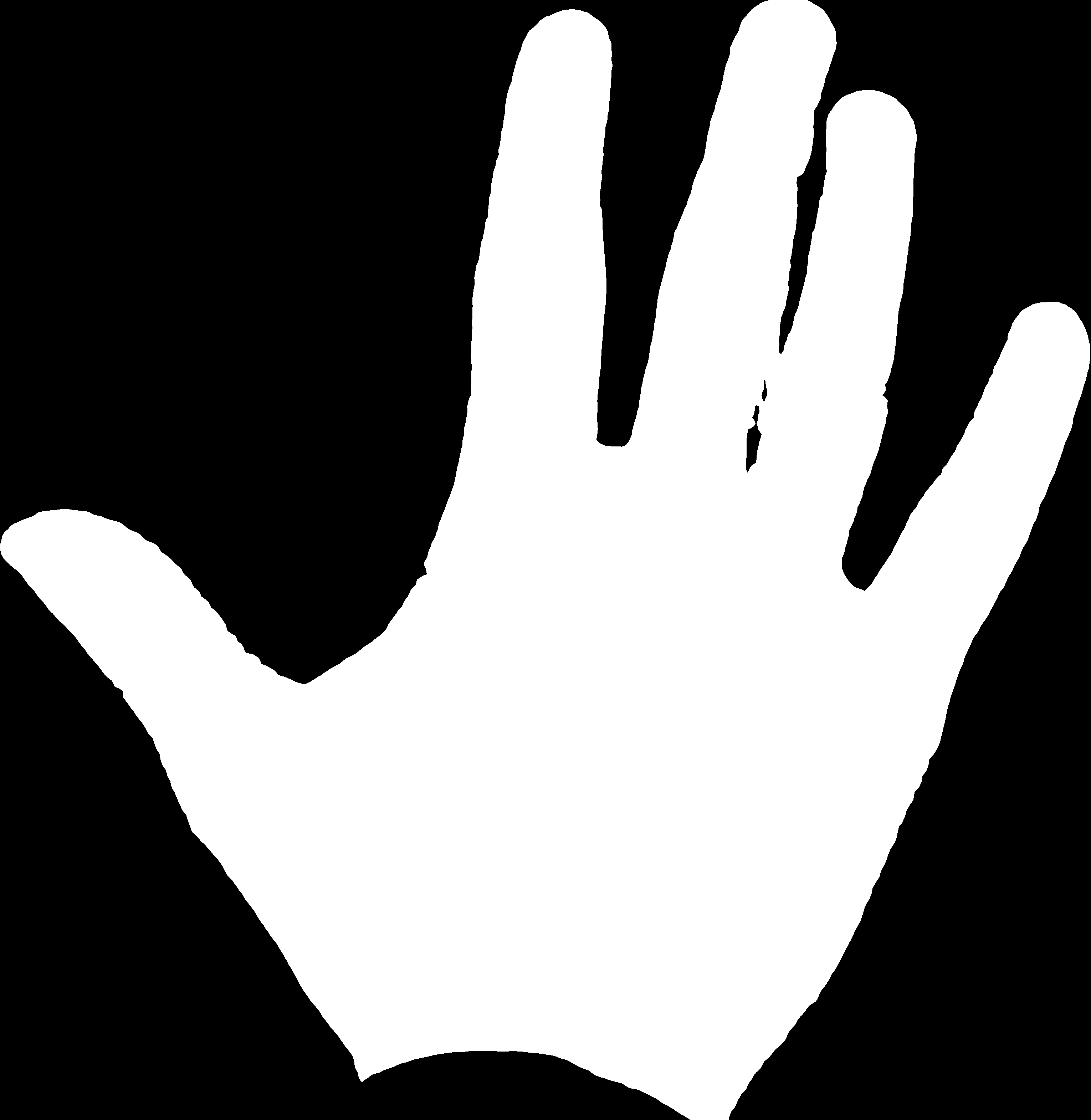 Black and white mask of a hand palm toward the camera, black around the hand and white where it appears