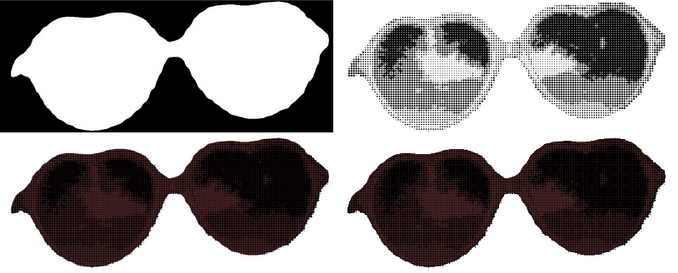 The image of the website with the website cropped out - leaving only a mask, plain halftone, and two duographs generated from the given image and mask.