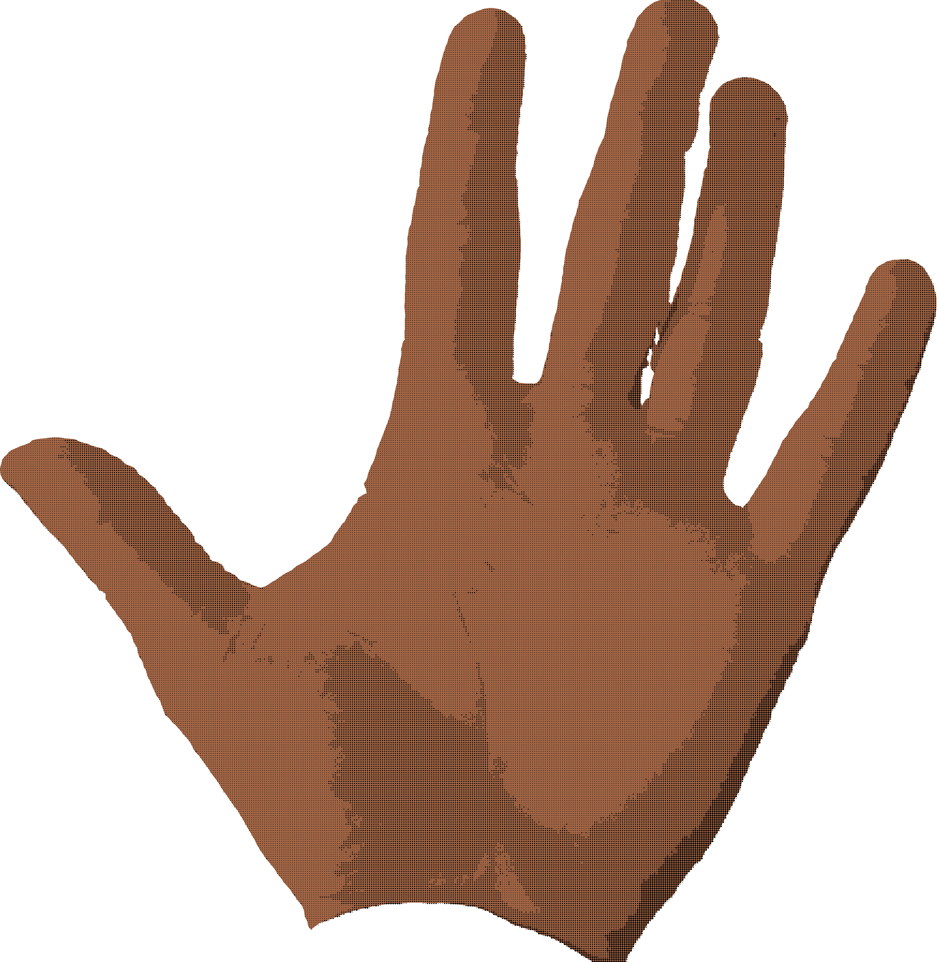 Grayscale halftone hand, palm toward the camera, brown background under the halftone giving the impression of a range of brown colours, transparent outside the hand